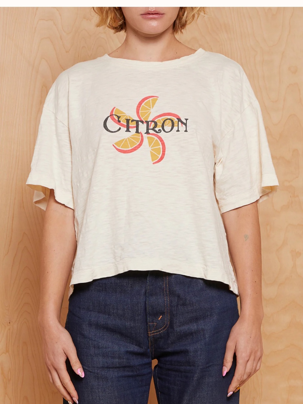 Citron Graphic Tee in Light Beige with Yellow & Red Lemon Design - Picture 3 of 3